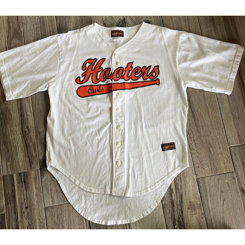 Vintage HOOTERS OWLS Baseball Jersey Authentic Offical Prod LMTD Lg White Cotton